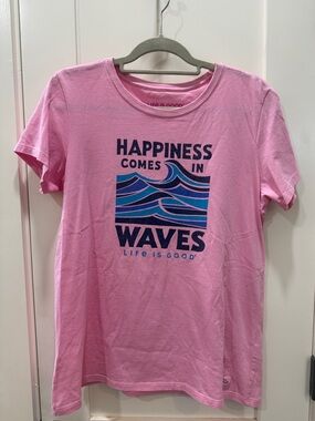 Life Is Good Pink Graphic 'Happiness Comes in Waves' Tee with Blue Wave Print